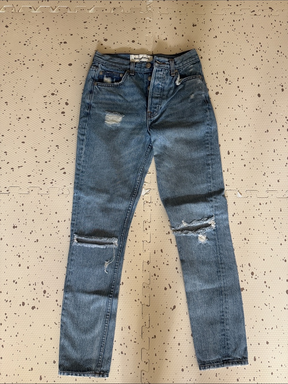 Reformation Women’s Distressed Blue Jeans - Classic Mid-Rise Fit